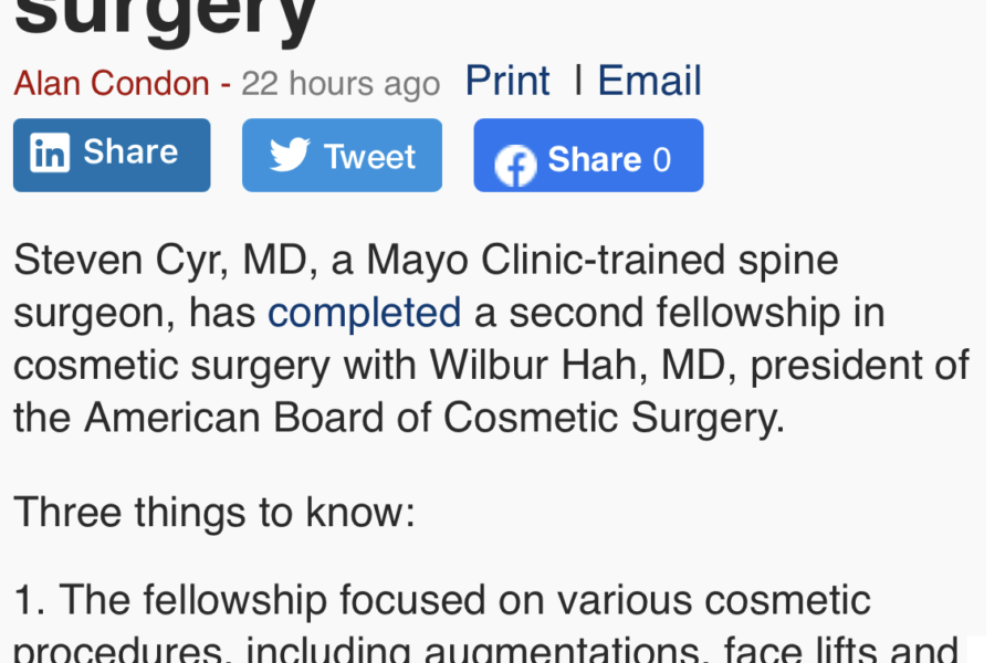 Dr Cyr Featured in Becker's Spine Review